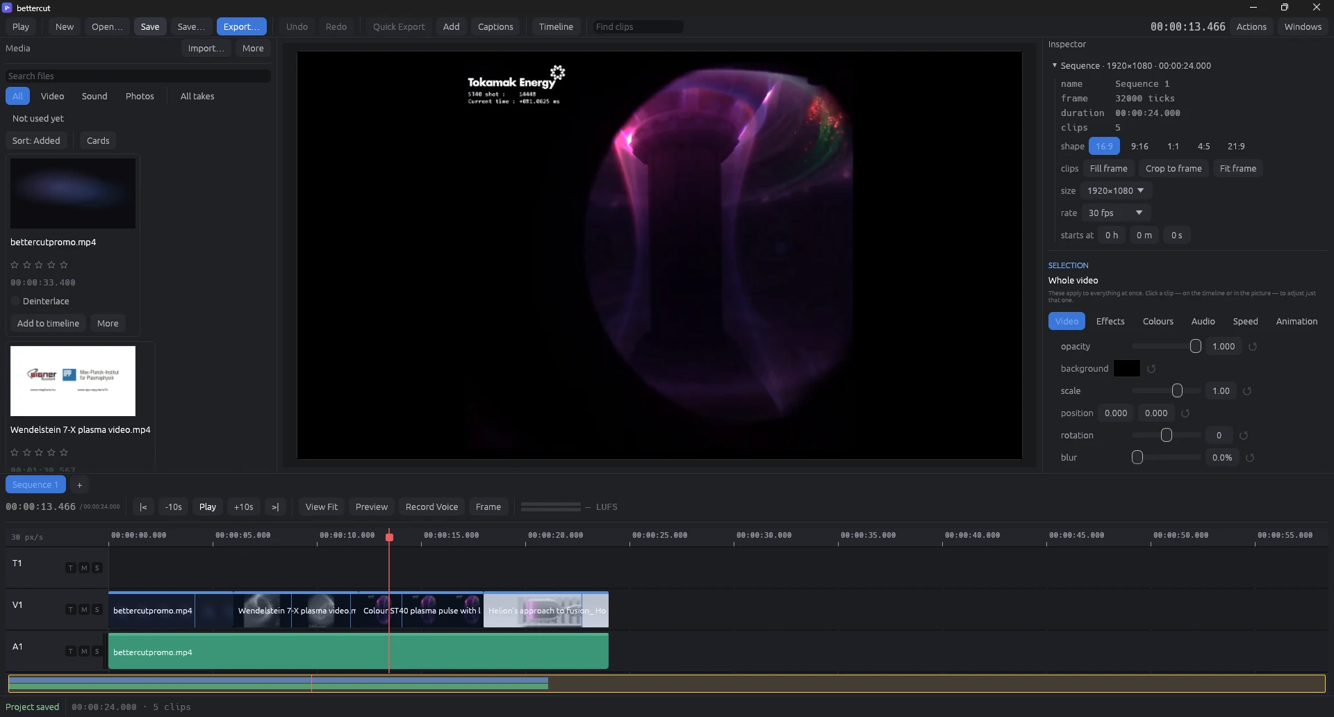 The bettercut editor: media bin, preview showing plasma footage, inspector, and a multi-track timeline with four clips and an audio bed
