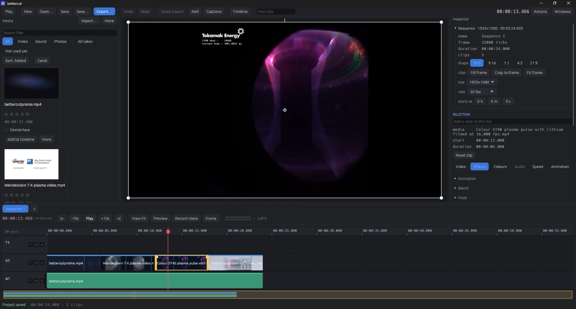 A selected clip in bettercut with transform handles in the preview and the Effects inspector open