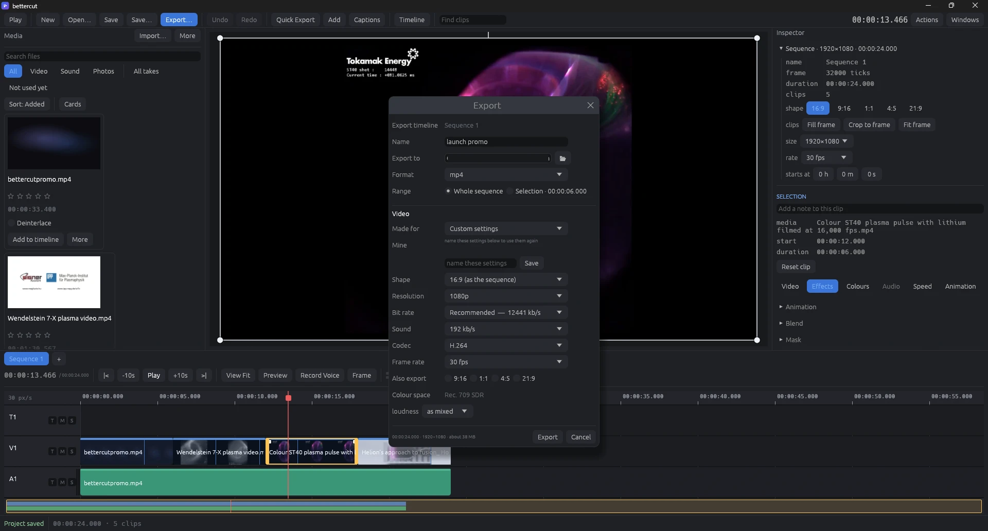 The bettercut export dialog: H.264 1080p preset, vertical and square variants, loudness control — no watermark